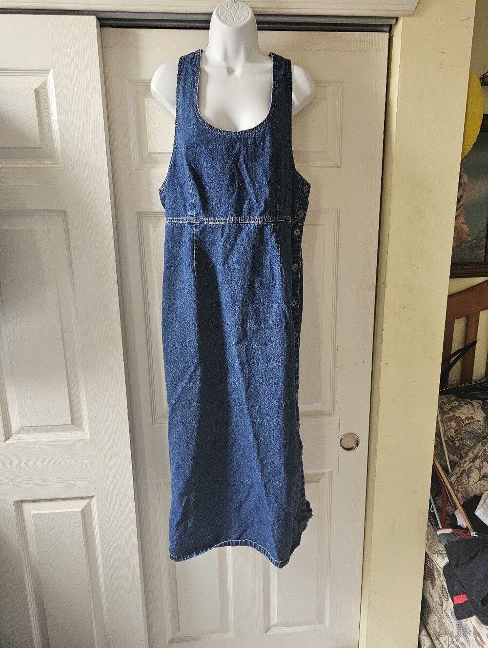 J.L. N.Y. Vintage Denim Maxi Overall Dress Size Large, Button Side 100% Cotton - Picture 5 of 14